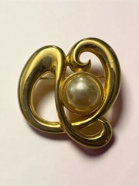 Gold-Tone Swirl Brooch with Pearl Center - Women Jewelry